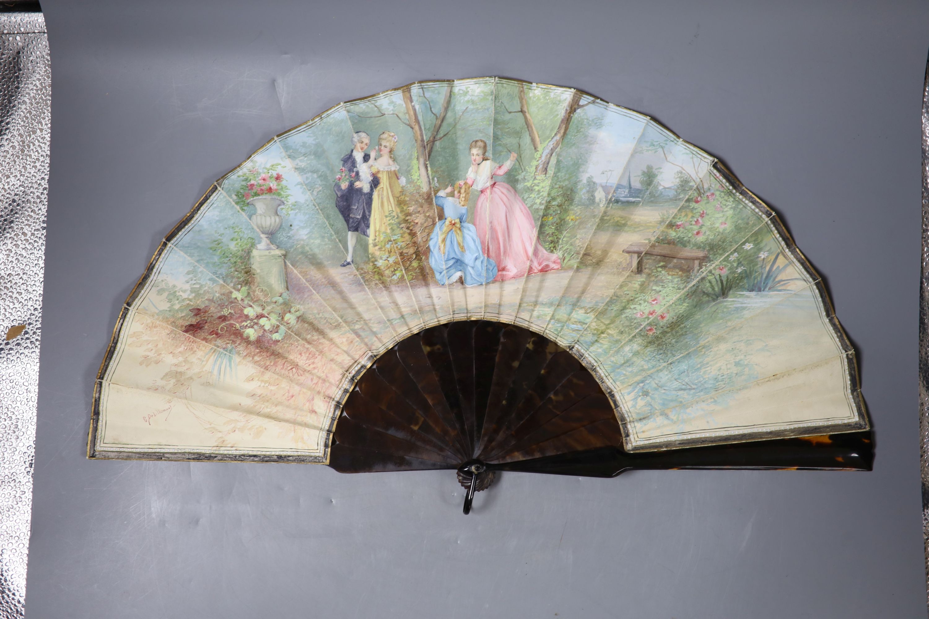 A late 19th century French painted vellum and tortoishell fan, 29.5cm and another